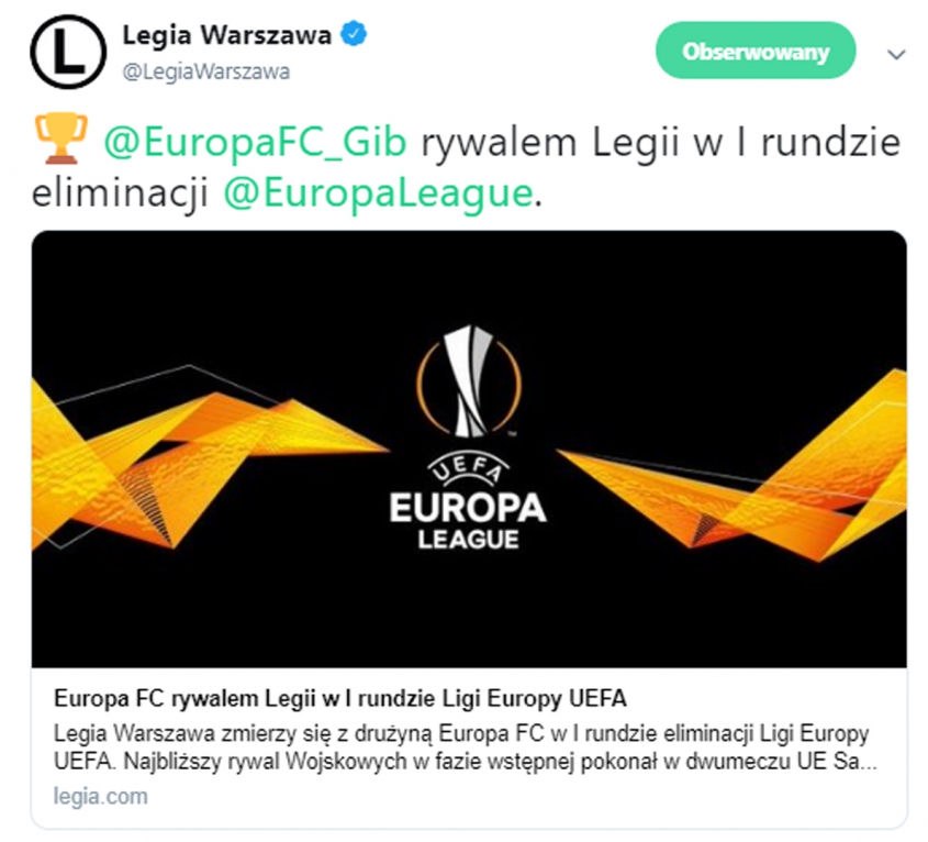 Legia własnie poznała RYWALA w el. do LE!